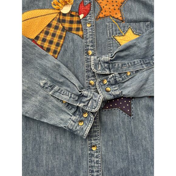 Vintage 90s Lands' End Christmas Americana Embroidered Patchwork Denim Shirt M - Picture 7 of 7